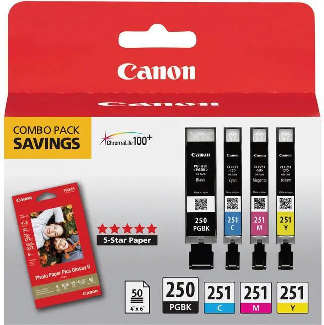 Alt view image 2 of 2 - Canon 2 Pack PGI-250 and CLI-251 4-Cartridge Combo Pack, Includes Photo Paper Plus Glossy II, CLI-251C, CLI-251Y and CLI-251M Ink Tank, PGI-250PGBK Black Ink Tank for Select PIXMA Printers
