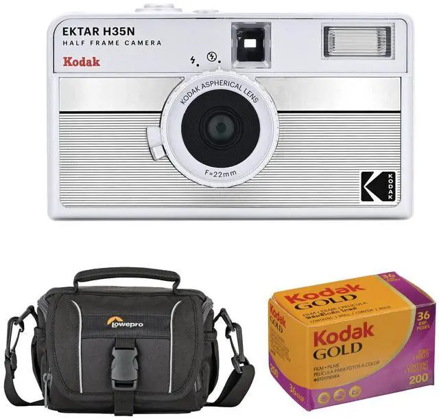 Main image of Kodak EKTAR H35N Half Frame Film Camera, Striped Silver with Accessory Kit