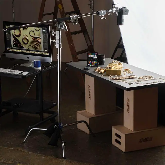 Alt view image 2 of 7 - Kupo 40" Master C-Stand with Sliding Leg with Baby Boom, Grip Head, Camera Mounting Plate and 10 lbs Weight Bag