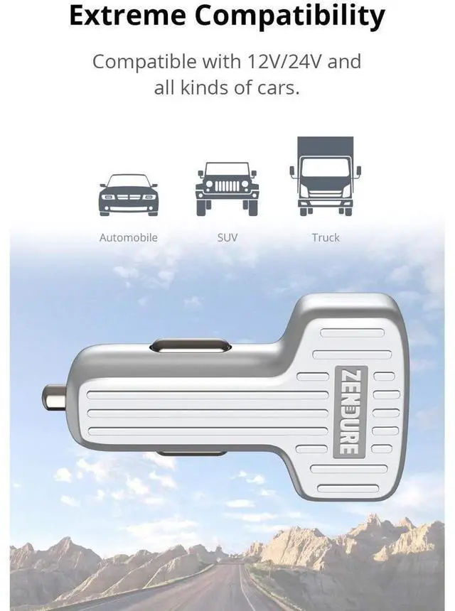 Alt view image 16 of 16 - Zendure 30W Dual USB Car Charger with QC 3.0 for iPhone X/8/7/Plus, iPad Pro/Air 2, Galaxy S9/S8/S7/S6/Edge/Plus, Note 8, LG, Pixel, HTC and More - Silver