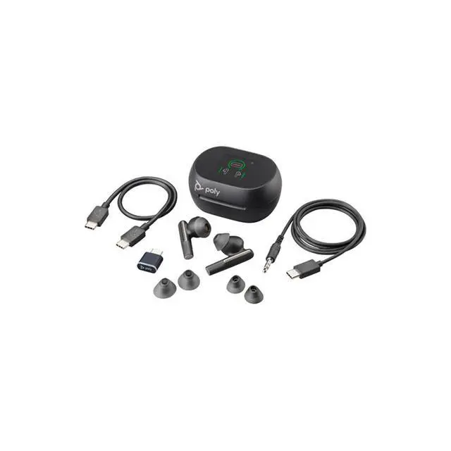 Alt view image 14 of 14 - Poly Voyager Free 60+ UC Carbon Black Earbuds +BT700 USB-C Adapter +Touchscreen Charge Case (7Y8G4AA)