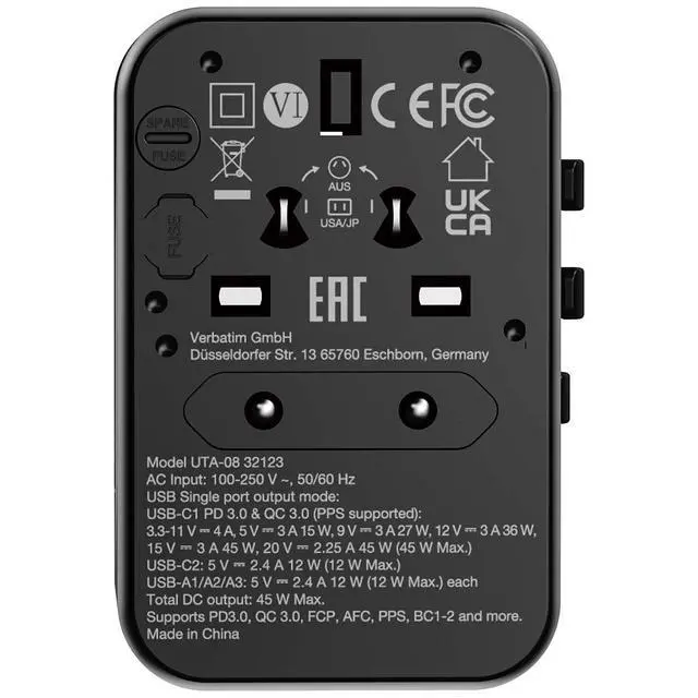 Alt view image 4 of 8 - Verbatim UTA-08 Universal Travel Adapter, (3) USB-A/(3) USB-C