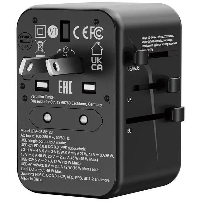 Alt view image 8 of 8 - Verbatim UTA-08 Universal Travel Adapter, (3) USB-A/(3) USB-C