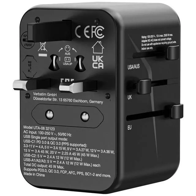 Alt view image 6 of 8 - Verbatim UTA-08 Universal Travel Adapter, (3) USB-A/(3) USB-C