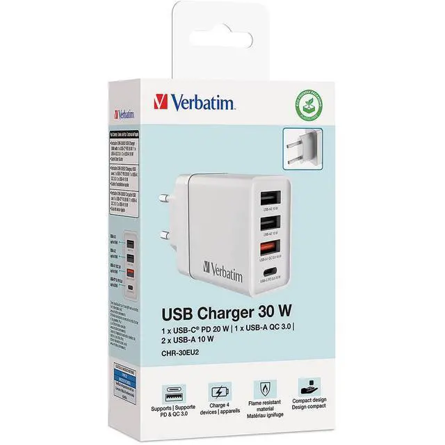 Alt view image 3 of 3 - Verbatim 30W 4-Port USB Wall Charger, White #70772