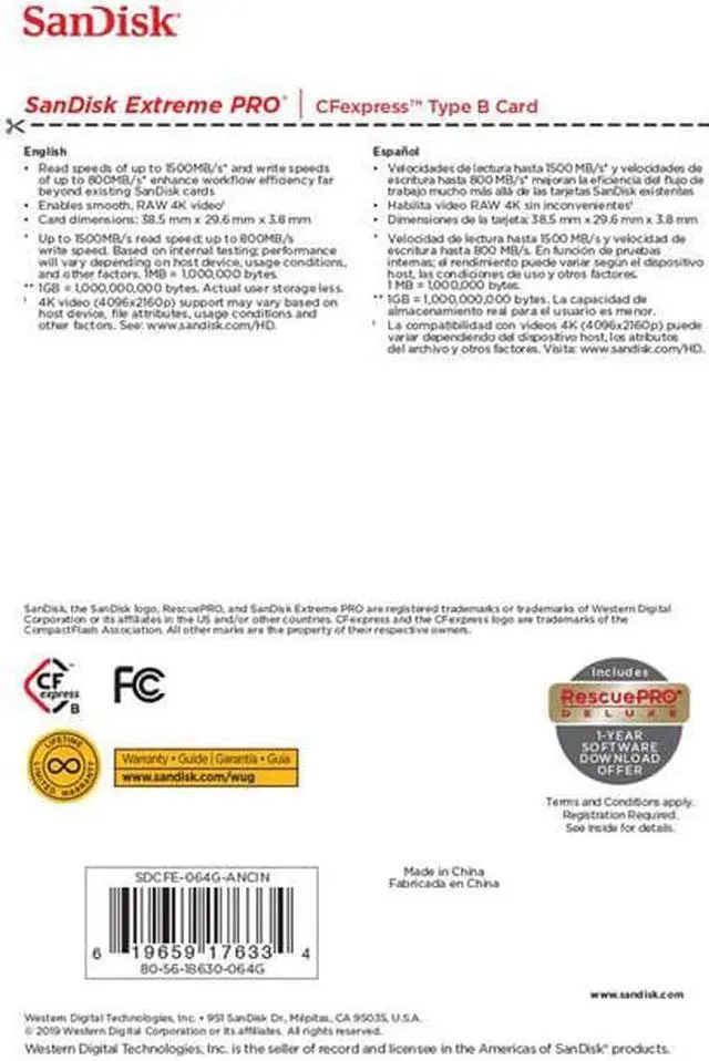 Alt view image 3 of 6 - SanDisk - SDCFE-064G-ANCIN - Sandisk Extreme Pro Cfexpress Card, 64gb, Type Btype B