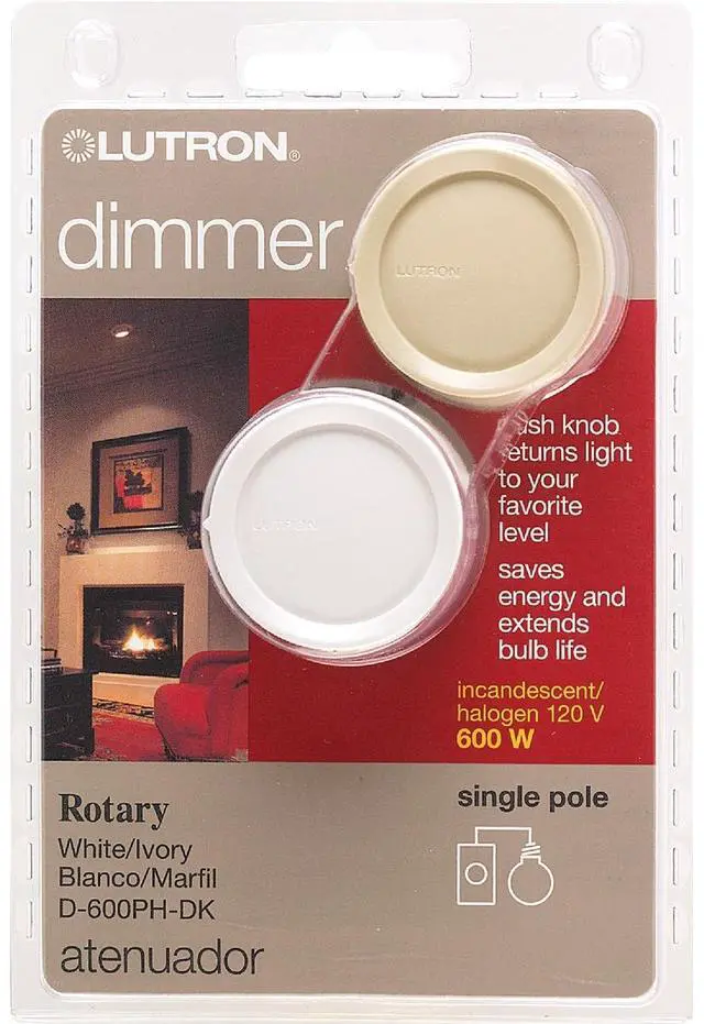 Alt view image 3 of 3 - Lutron White/Ivory 600W Single-Pole Rotary Dimmer Switch D-600PH-DK