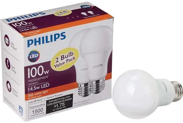 Main image of Philips 100W Equivalent Soft White A19 Medium LED Light Bulb (2-Pack) 461961