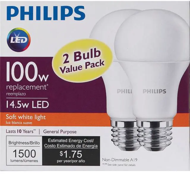 Alt view image 2 of 3 - Philips 100W Equivalent Soft White A19 Medium LED Light Bulb (2-Pack) 461961