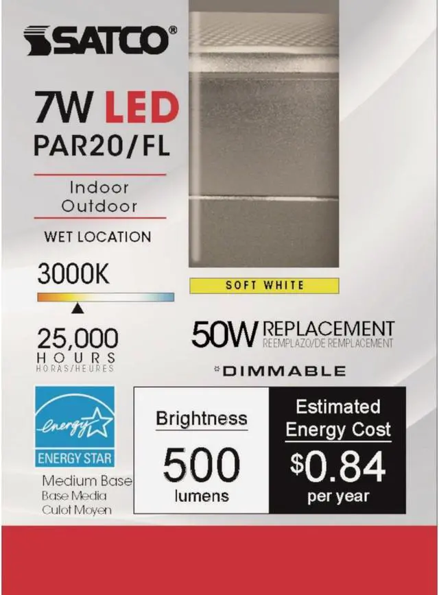 Alt view image 2 of 7 - Satco 50W Equivalent Warm White PAR20 Medium Dimmable LED Floodlight Light Bulb