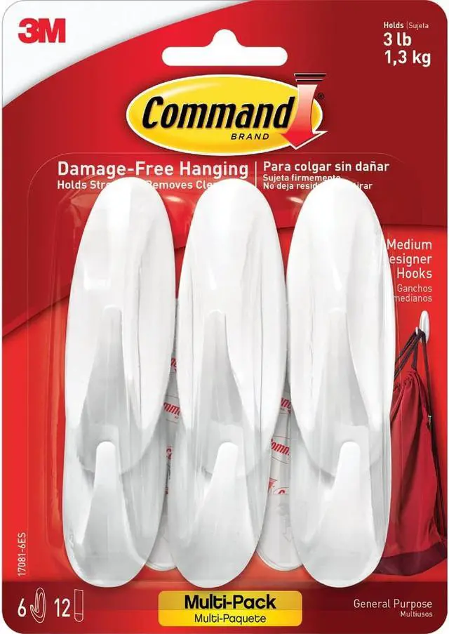 Alt view image 3 of 19 - 3M Command Medium Utility Designer Adhesive Hook (6-Pack) 17081-6ES
