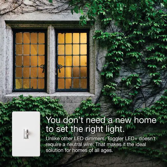 Alt view image 5 of 7 - Lutron Toggler Incandescent/Halogen/LED/CFL White Slide Dimmer Switch