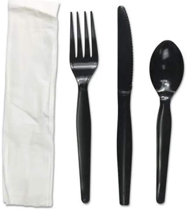 Alt view image 4 of 4 - Boardwalk FKTNHWPSBLA Four-Piece Cutlery Kit, Fork / Knife / Napkin / Teaspoon, Heavyweight, Black, 250 / Carton