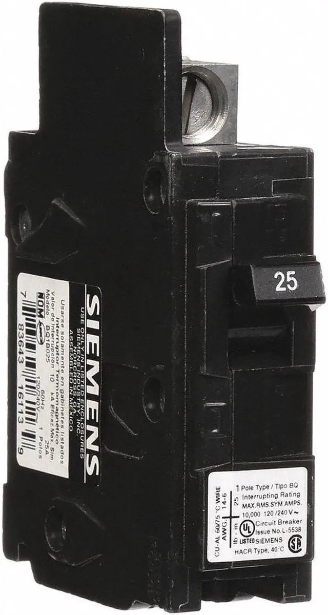 Main image of SIEMENS BQ1B025 Miniature Circuit Breaker, BQ Series, 25A, 1 Pole, 120V AC,