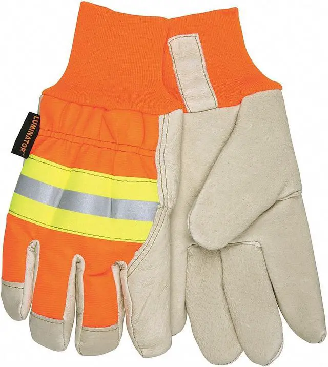 Main image of Mcr Safety Leather Gloves,  L,  Beige Palm, HiVis Orange and Yellow Back,  1 PR