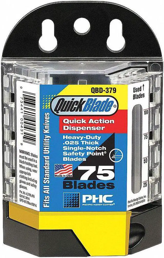 Main image of PACIFIC HANDY CUTTER, INC QBD379 Utility Blade w/Dispenser,3/4 In. W,PK75