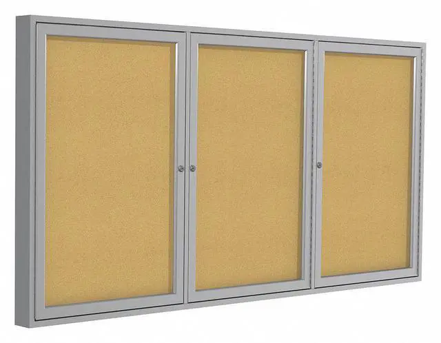 Alt view image 6 of 12 - Ghent PA34896K  3 Door Enclosed Natural Cork Bulletin Board with Satin Frame - 96" x 48" - Tan Surface, Satin Aluminum Frame