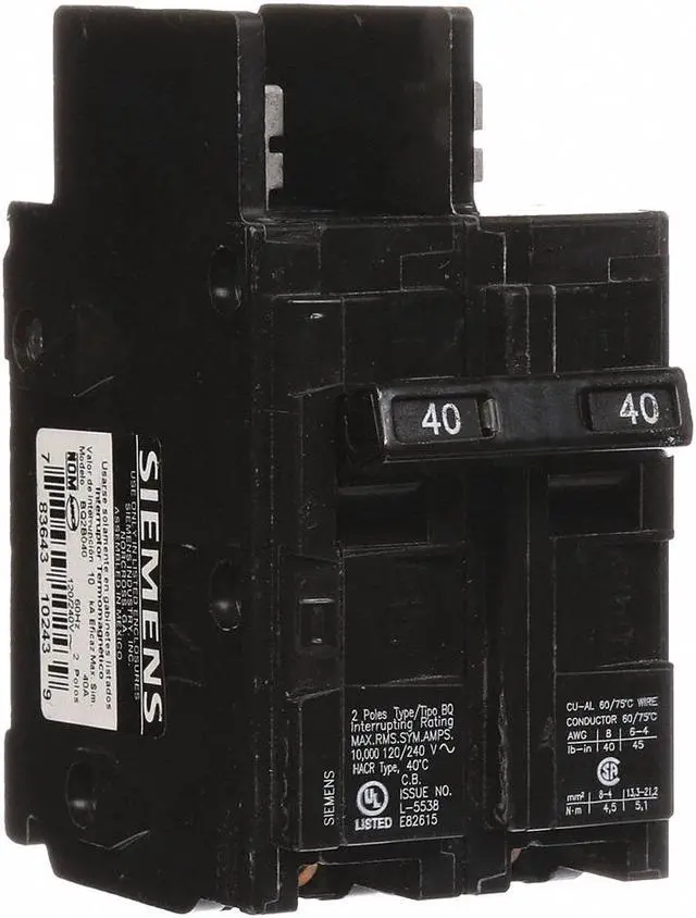 Alt view image 3 of 3 - SIEMENS BQ2B040 Miniature Circuit Breaker, BQ Series, 40A, 2 Pole, 120/240V AC,