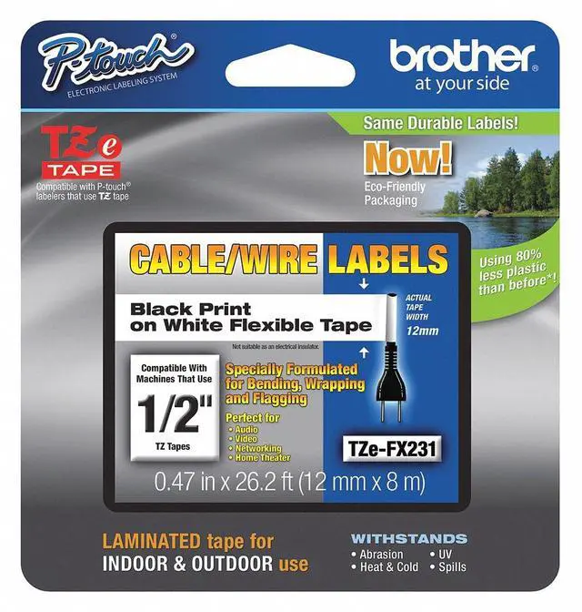 Alt view image 13 of 20 - Brother TZE-FX231 Black on White Flexible ID Tape for P-touch Label Printer, 12 mm (0.47")  x 8 m (26.20 ft.) - 1 Each