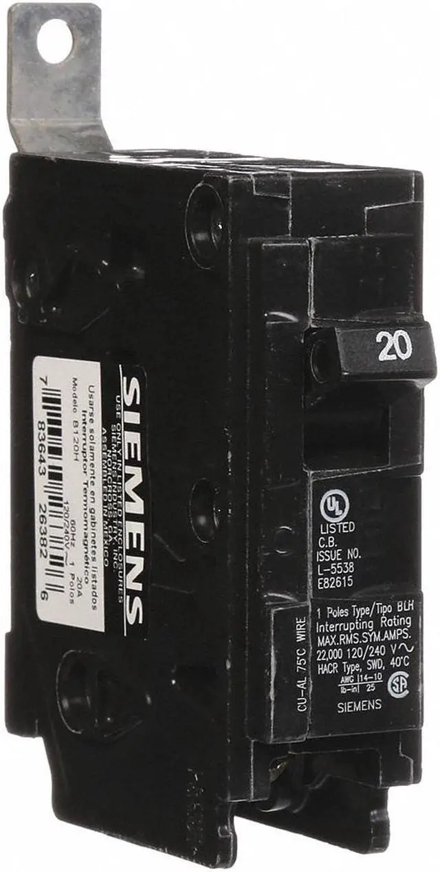 Main image of SIEMENS B120H Miniature Circuit Breaker, BL Series, 20A, 1 Pole, 120/240V AC,