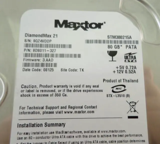 Alt view image 3 of 4 - Maxtor 80GB IDE 7200rpm 3.5in HDD ( 9DS011-327 STM380215A    Maxtor )