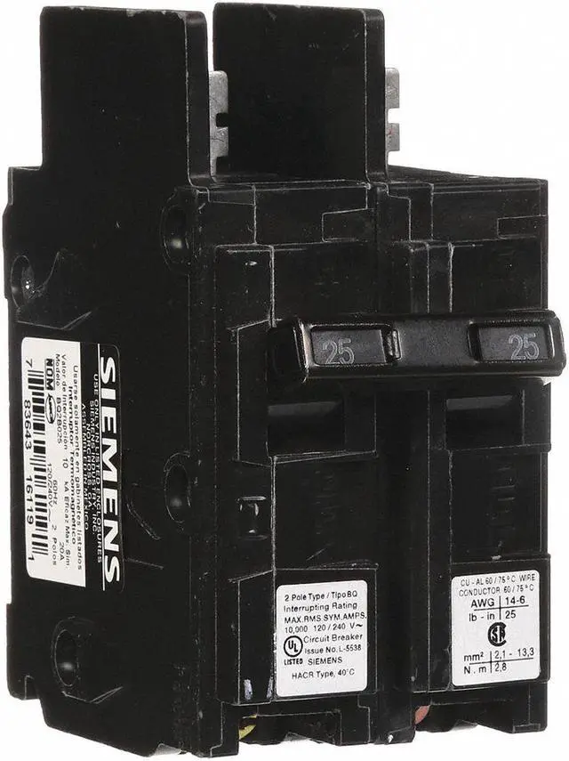 Main image of SIEMENS BQ2B025 Miniature Circuit Breaker, BQ Series, 25A, 2 Pole, 120/240V AC,
