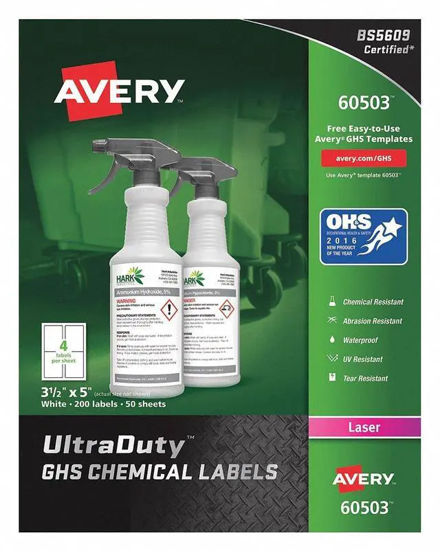 Main image of Avery Chem Label, 3-1/2"W x 5"H, 200 Lbls,  PK200  Synthetic Film  60503