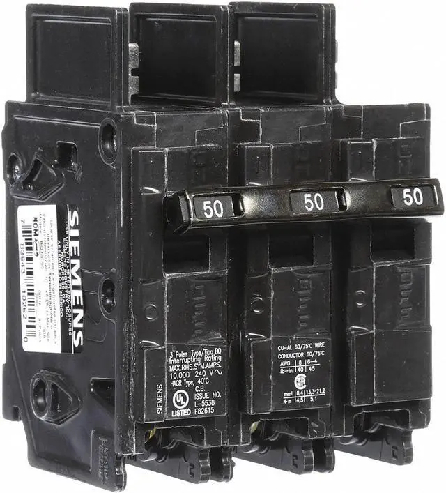 Main image of SIEMENS BQ3B050 Miniature Circuit Breaker, BQ Series, 50A, 3 Pole, 240V AC,