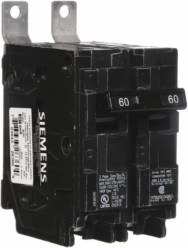 Alt view image 2 of 3 - SIEMENS B260 Miniature Circuit Breaker, BL Series, 60A, 2 Pole, 120/240V AC,