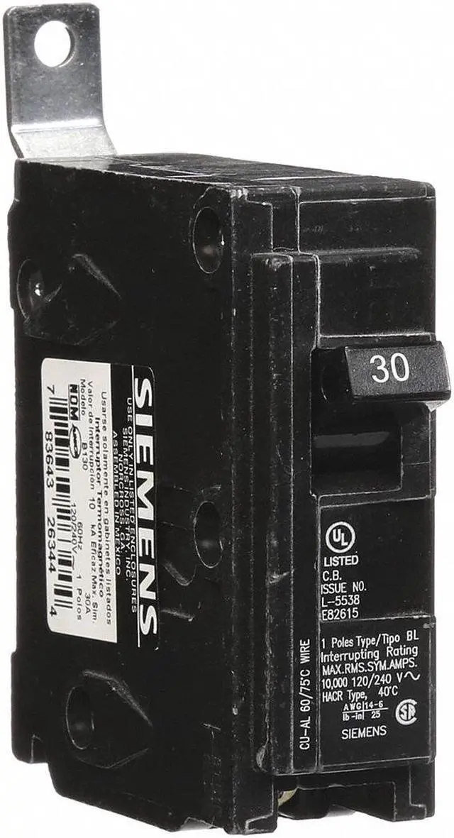 Main image of SIEMENS B130 Miniature Circuit Breaker, BL Series, 30A, 1 Pole, 120/240V AC,