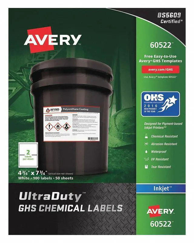 Alt view image 9 of 12 - Avery GHS Chemical Label,  Color White,  PK 100 White  Synthetic Film 7278260522
