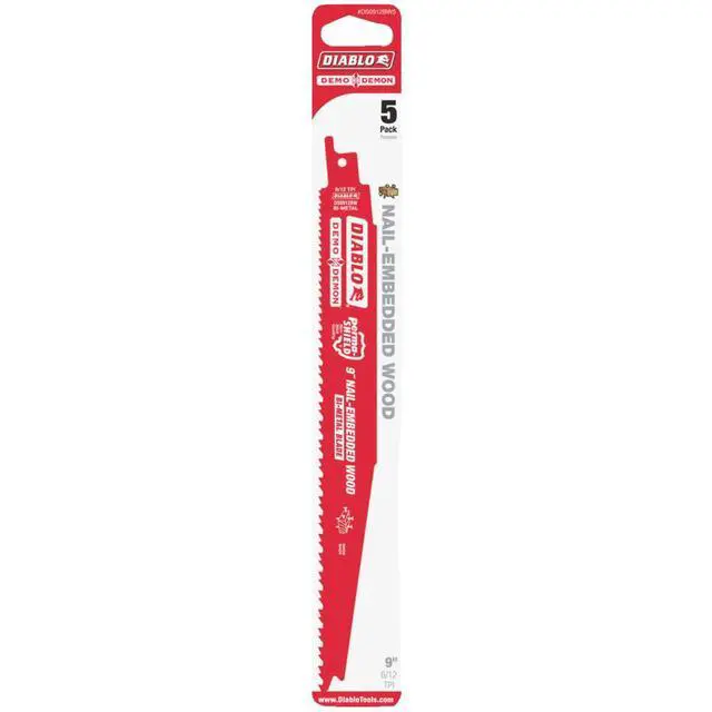 Alt view image 5 of 5 - Diablo Demo Demon 9 In. 6/12 TPI Wood w/Nails Reciprocating Saw Blade (5-Pack)