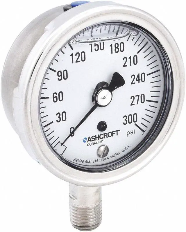 Main image of ASHCROFT 251009SWL02L300# Pressure Gauge, 0 to 300 psi, 1/4 in MNPT, Stainless