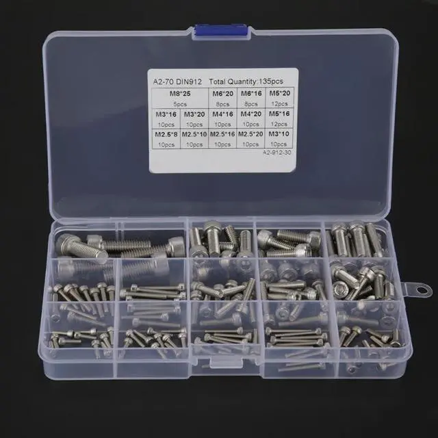 Alt view image 2 of 7 - New 135pcs Silver M2.5 M3 M4 M5 M6 M8 304 Stainless Steel Hex Socket Head Cap Screws Set 14 Different Sizes In One Set