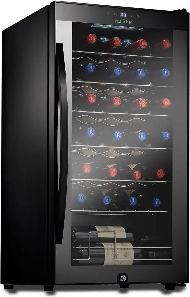 Main image of Nutrichef 28 Bottle compressor Wine cooler Refrigerator cooling System  Large Freestanding Wine cellar Fridge For Red And White champagne or Sparkling Black glass Door