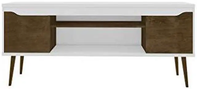 Alt view image 14 of 14 - Bradley 62.99 TV Stand White and Rustic Brown with 2 Media Shelves and 2 Storage Shelves in White and Rustic Brown with Solid Wood Legs