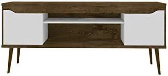 Alt view image 14 of 14 - Bradley 62.99 TV Stand Rustic Brown and White  with 2 Media Shelves and 2 Storage Shelves in Rustic Brown and White  with Solid Wood Legs