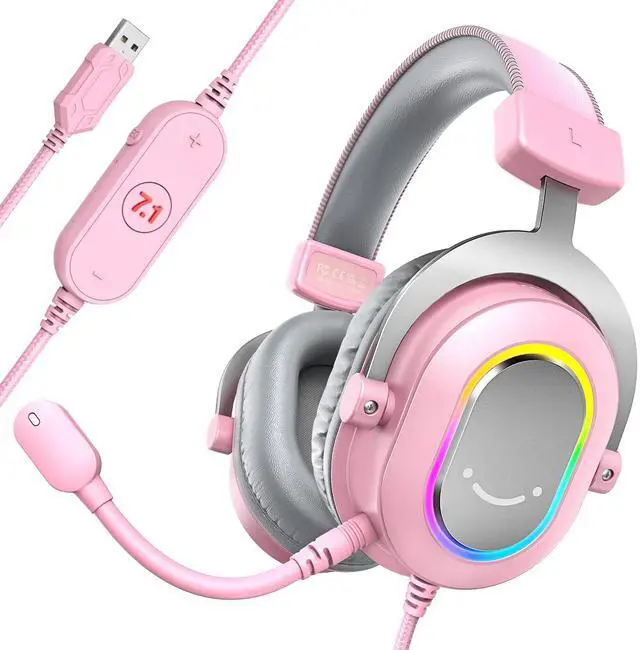 Main image of PC Gaming Headset, USB Wired Headset with Microphone, 7.1 Surround Sound, in-Line Control, Computer RGB Over-Ear Headphones for PS4/PS5, for Streaming/Game Voice/Video-AmpliGame H6 (Pink)