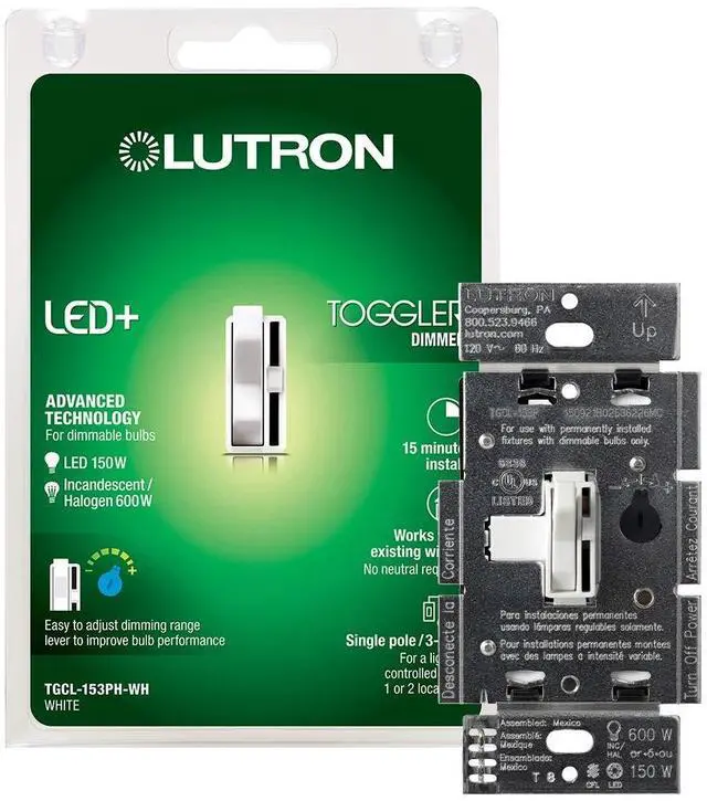 Alt view image 7 of 7 - Lutron Toggler Incandescent/Halogen/LED/CFL White Slide Dimmer Switch