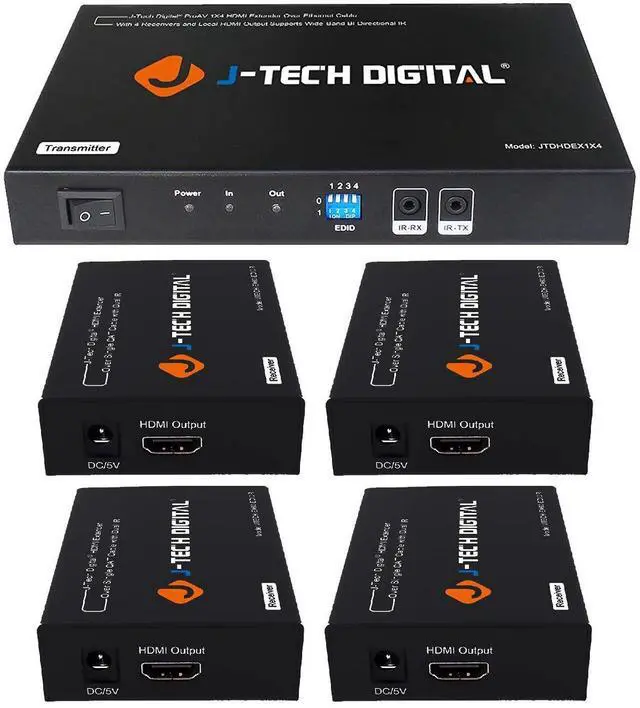 Alt view image 14 of 15 - J-Tech Digital 1x4 HDMI Extender Splitter Combo Over Cat5e/Cat6 cable up to 164 feet (50 meters) at 1080P with Local Loop out and Bi-directional IR control (JTDHDEX1x4)