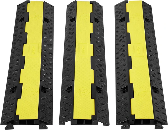 Main image of 3 PCs 2 Channel Rubber Cable Protector Ramp, 12000 lbs/axle Capacity Heavy Duty Hose Wire Cover Ramp Driveway, Traffic Speed Bump w/Flip-Open Top Cover & 50 ft Warning Tape, for Indoor&Outdoor