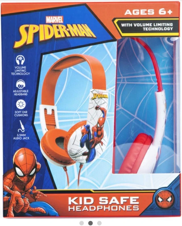 Main image of Spider Man Kid Safe Headphones for Toddlers (Small Headphones) Best for Ages 2 to 5 yrs Old Over The Ear Padded Cushions Flying on a Web Design