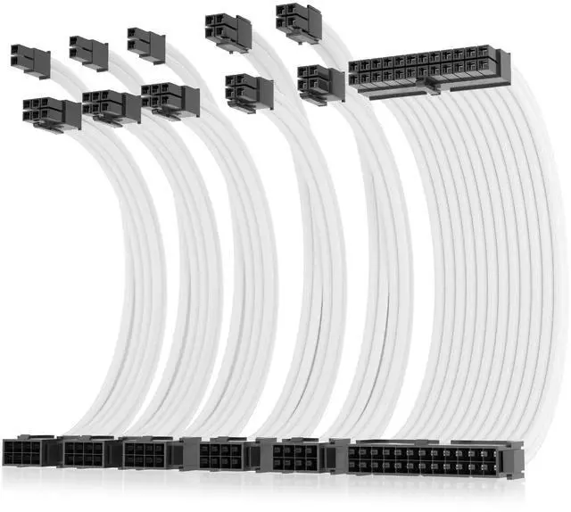 Main image of 16AWG Pro Power Supply Sleeved Cable, White Power Supply Extension Cable Dual EPS Kit, 1x24-PIN/ 2x8-PORT (4+4) M/B,3x8-PORT (6+2) PCI-E, 30cm Length with 2 Set of Combs