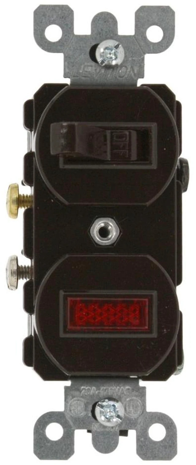 Main image of Leviton 20 Amp, 120 Volt, Duplex Style Single-Pole/Neon Pilot AC Combination Switch, Commercial Grade, 5336, Brown