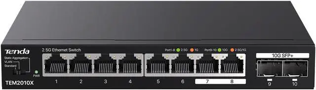 Alt view image 2 of 16 - Tenda Tem2010X 8 Port 2.5G Ethernet Switch Support Vlan & Static Link Aggregation Unmanaged 2.5Gb Switch With 8 X 2.5G Ports & 2 X 10Gb Sfp Slots 80Gbps Switching Capacity Fanless Metal Design