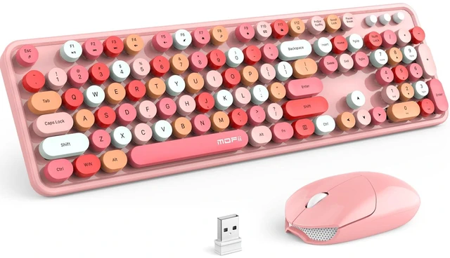 Main image of Wireless Keyboard and Mouse Combo, Pink Wireless Keyboard, 2.4GHz Retro Full Size with Number Pad & Cute Mouse for Computer PC Laptop Windows XP/7/8/10 (Pink-Colorful)