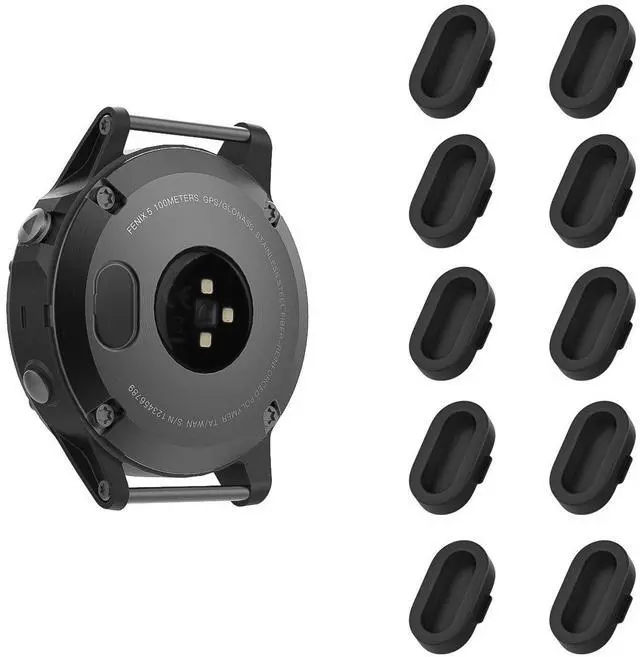 Main image of Dust Plug Compatible with Garmin Fenix 8/E/7/7S/7X/5/5S/5X/6/6S/6X/6 Pro/6S Pro/6X Pro/Forerunner 935/Vivoactive 6/5/4/Venu,10 Pack Silicone Charger Port Protector Anti Dust Plugs Caps, Black