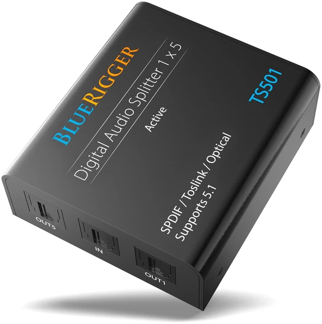 Main image of Digital Optical Audio Splitter (1x5 Active Toslink Splitter) Powered Digital Optical Splitter 1 In 5 Out (LPCM2.0, Dolby Digital, DTS 5.1) for Home Theatre, DVD, TV, Receiver, Sound Bar