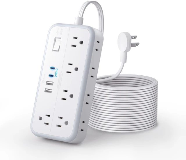 Main image of Flat Extension Cord 15 FT, Long Power Strip with 10 Widely Outlets 4 USB Ports (2 USB C), 3 Side, 2700J, Wall Mount Multiple Outlets for Home Office, White, SurgePro