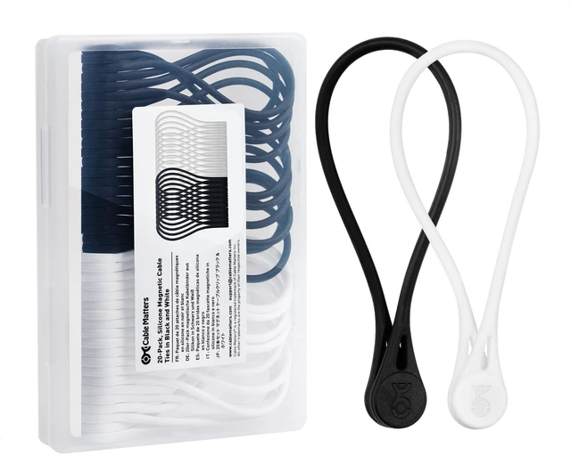 Main image of 20-Pack Ultra Strong Silicone Magnetic Ties Black and White, Magnetic Cord Ties, ZipTies, Cord Organizer